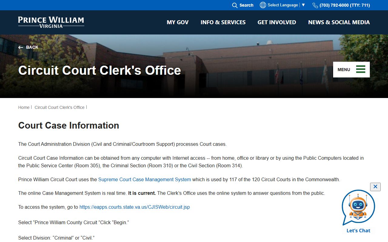 Prince William County Circuit Court case information search portal