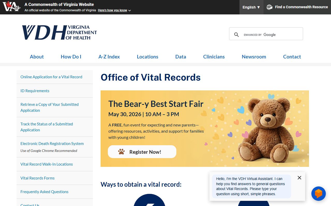 Virginia public records - Virginia Department of Health vital records